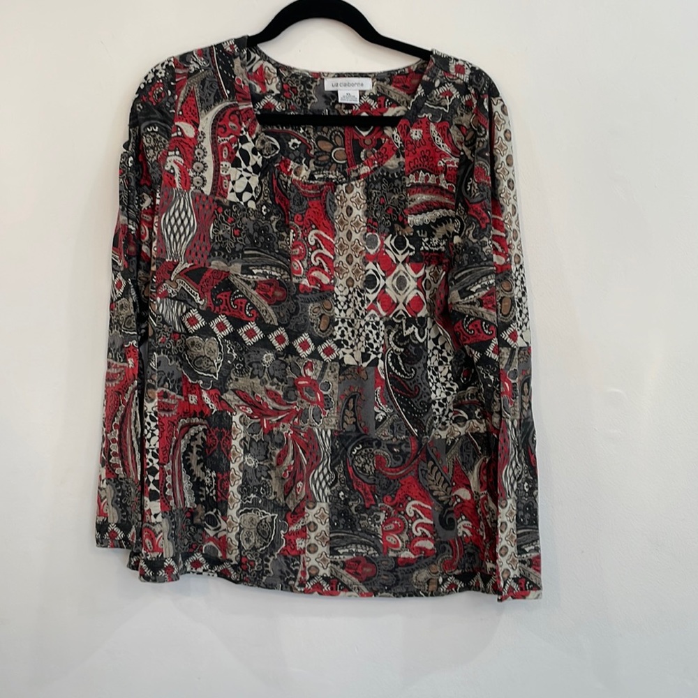 Liz Claiborne XL blouse with a intricate red, grey and black pattern